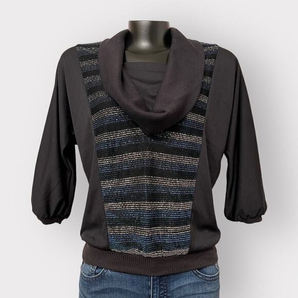 LA Reaction VINTAGE Cowl Neck 1/2 Sleeve Blouse sz S Metallic Stripe Top Black - Picture 2 of 10